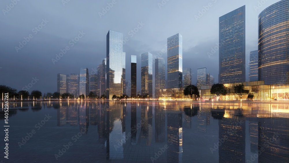 Obraz premium Modern City Skyline Reflecting in Calm Water at Dusk