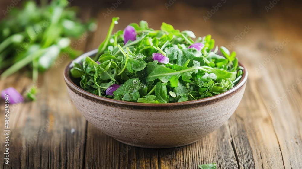 Fresh spring salad with edible flowers served in rustic ceramic bowl Fresh spring salad with edible flowers served in rustic ceramic bowl