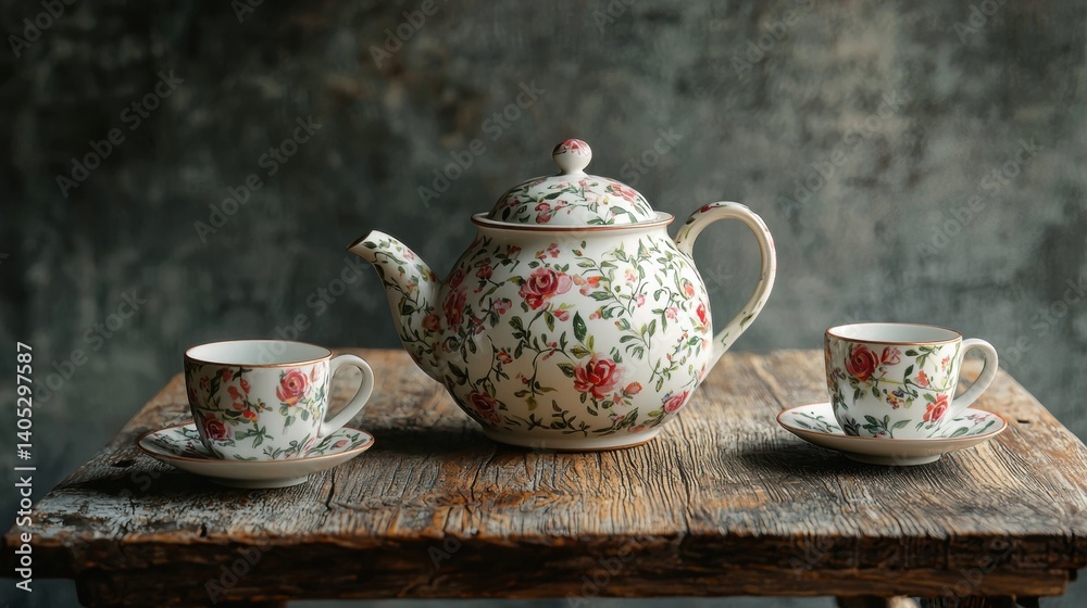 A white teapot with a floral design and a matching saucer and cup sit on a wooden table. A white teapot with a floral design and a matching saucer and cup sit on a wooden table.