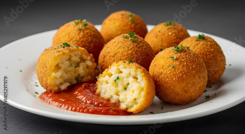 Golden Arancini Balls with Tomato Sauce on A White Plate Appetizing Dish