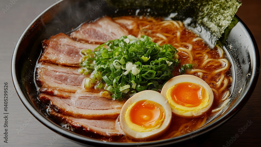 Delicious Bowl of Noodles with Pork and Eggs for a Tasty Meal Delicious Bowl of Noodles with Pork and Eggs for a Tasty Meal