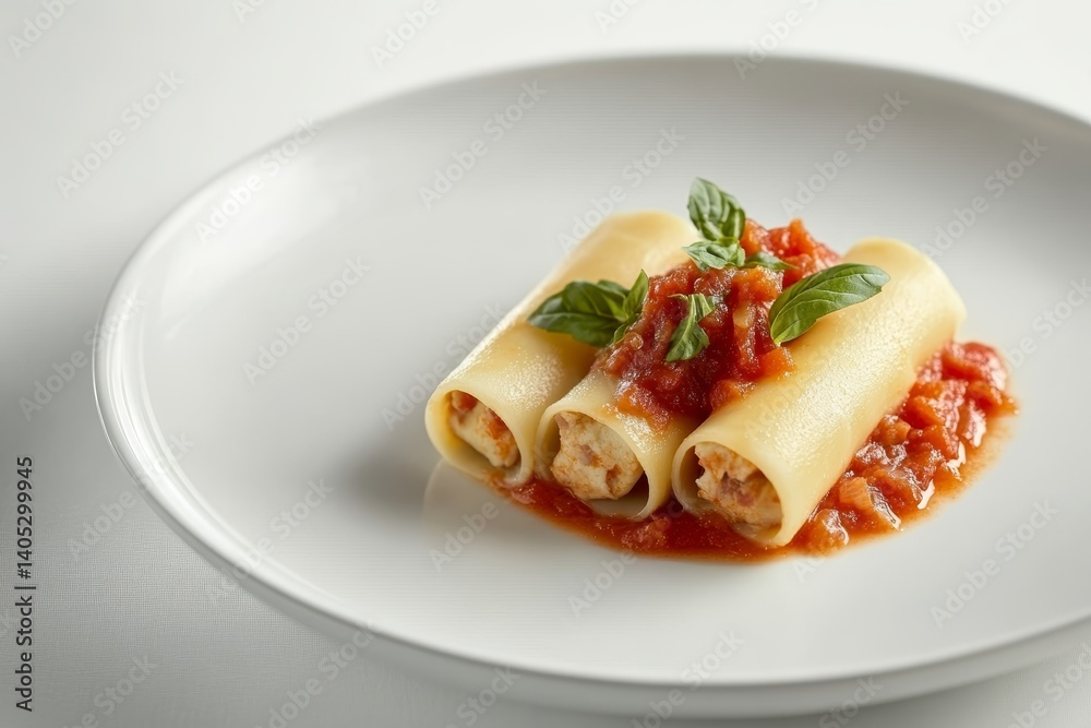 Plate of stuffed pasta tubes topped with fresh basil, filled with tomato sauce. Concept of stuffed pasta tubes showcases Cannelloni Ripieni in vibrant colors and neat arrangement. Plate of stuffed pasta tubes topped with fresh basil, filled with tomato sauce. Concept of stuffed pasta tubes showcases Cannelloni Ripieni in vibrant colors and neat arrangement.