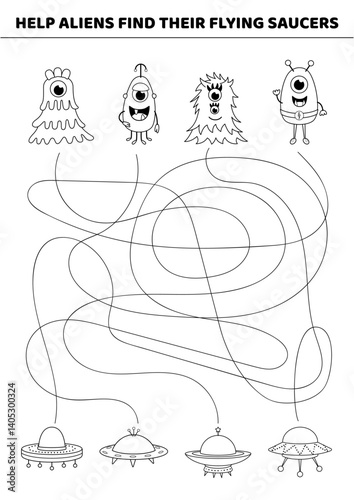 Black and white maze. Help aliens find their flying saucer. Isolated vector illustration eps 10