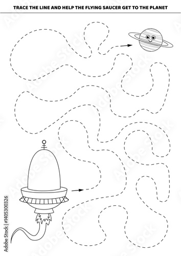 Black and white maze. Trace the line. Help the flying saucer get to the planet. Educational game for kids. Isolated vector illustration eps 10