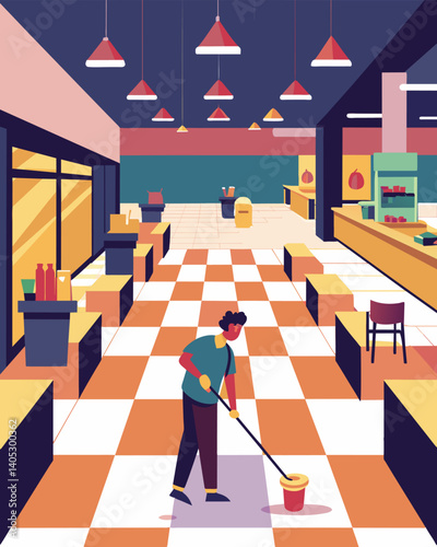 The bustling food court of the mall now echoed with emptiness the only activity coming from a lone janitor sweeping the tiled floors.. Vector illustration