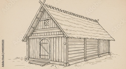 Wallpaper Mural Viking Longhouse Line Art with Wooden Texture Torontodigital.ca