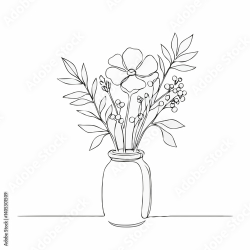 Line art floral arrangement in a vase