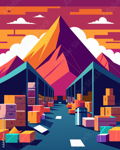 A sea of shiny untouched merchandise filling every available space in a warehouse resembling a sprawling mountain landscape.. Vector illustration