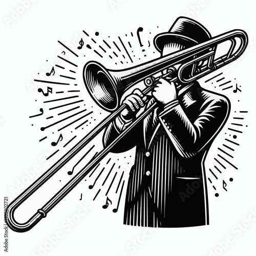 Illustration of a trombone player in a suit for music and jazz performance themes