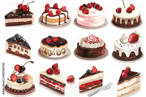 Set of colorful and realistic sweet.  Set of isolated cakes decorated with cream and fruit, rolls, pastries and candy.