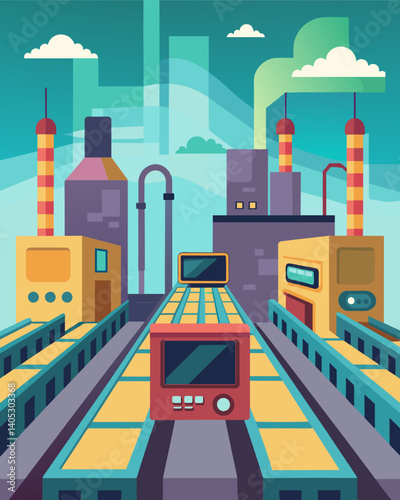 An abandoned factory with conveyor belts full of untouched production line machinery and outdated computer systems.. Vector illustration