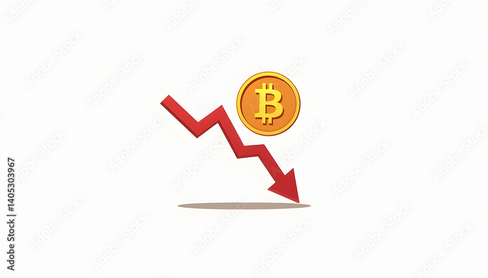 Bitcoin price decline represented by a downward arrow on beige background Bitcoin price decline represented by a downward arrow on beige background