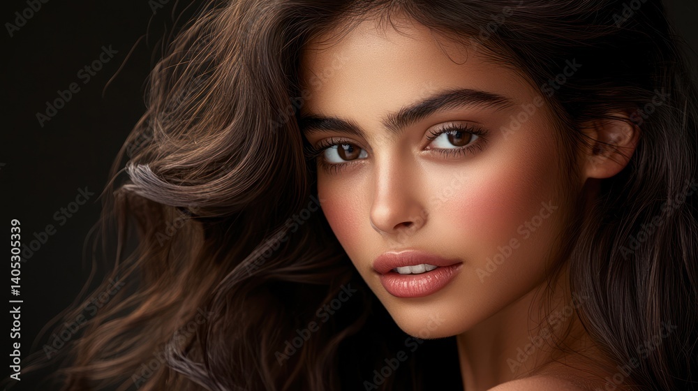 Fototapeta premium Portrait of a brunette woman with wavy hair and glowing skin on dark background