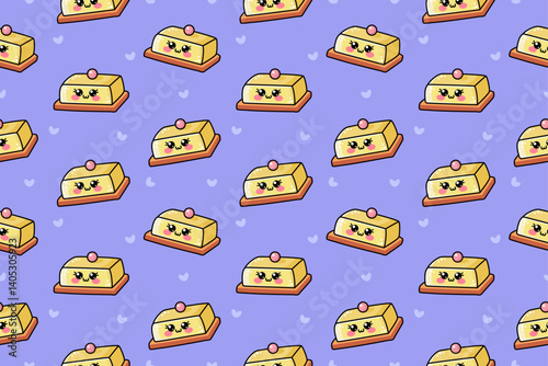 Seamless pattern with cute kawaii vector yellow covered butter dish with woody elements. Illustration isolated on blue, purple background. Wooden kawaii adorable kitchen equipment, kitchenware
