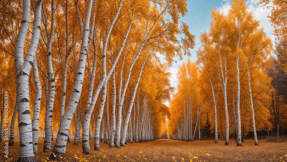 Obraz premium Birch Tree Forest In Autumn With Golden Leaves And A Light Blue Sky