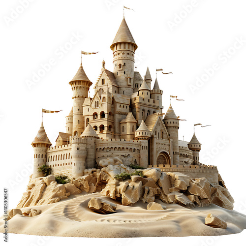 Sandcastle Serenity: A meticulously crafted sandcastle, capturing the essence of architecture with intricate details, rises gracefully, creating a sense of wonder and playful imagination.
