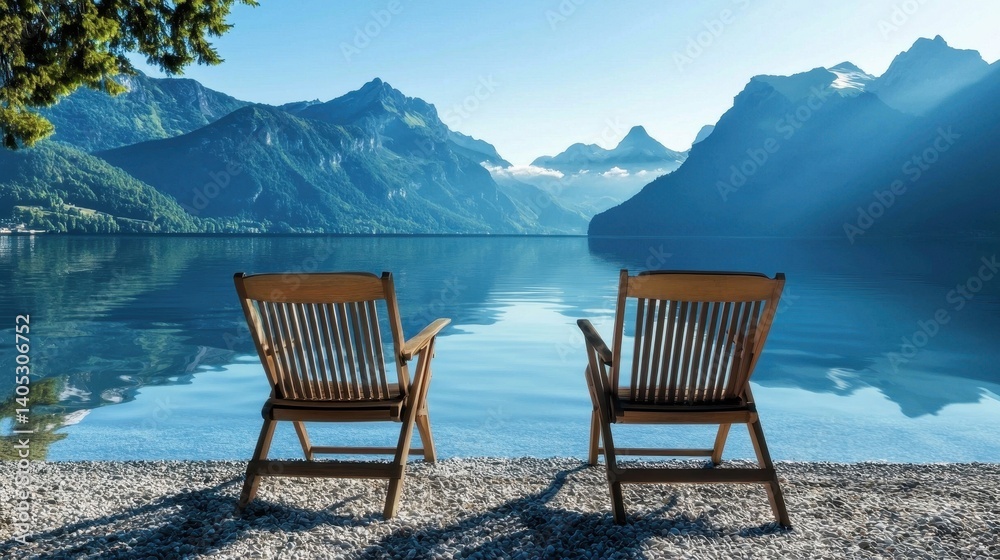 Fototapeta premium A serene lakeside scene featuring two wooden chairs facing calm waters and majestic mountains under a clear sky.
