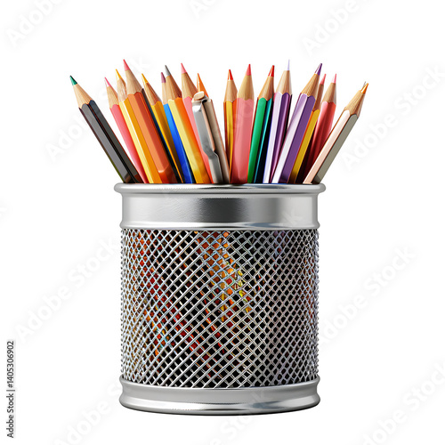 Vibrant Pencils in Holder: A striking array of colorful pencils stand tall within a sleek metal holder, perfect for design or a colorful touch.