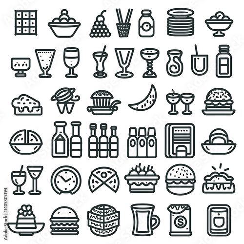 Assortment of Culinary Delights: An array of meticulously crafted icons showcases a vast collection of dishes and beverages, each depicting a diverse culinary experience