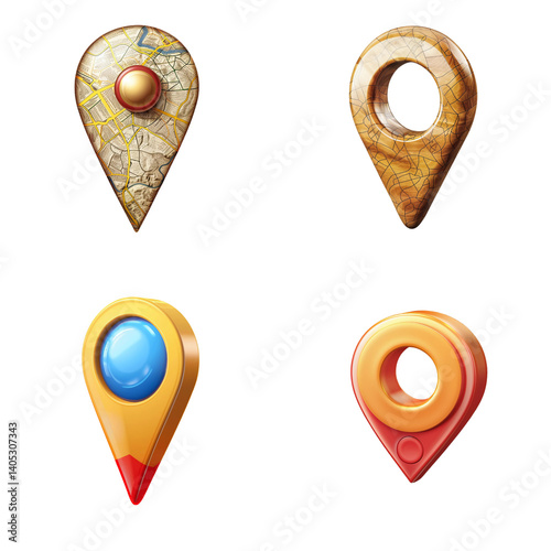 Navigational Markers: A collection of 3D rendered location pins, each uniquely designed with textures and colors, symbolizing navigation, travel, and exploration.