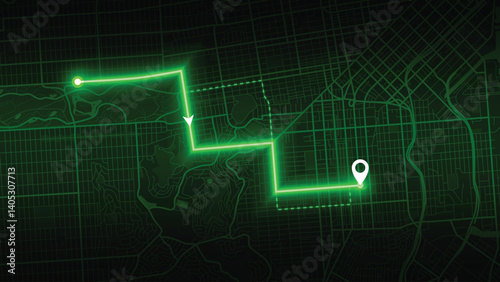 Green Smart Navigation Route Across San Francisco City Map at Night