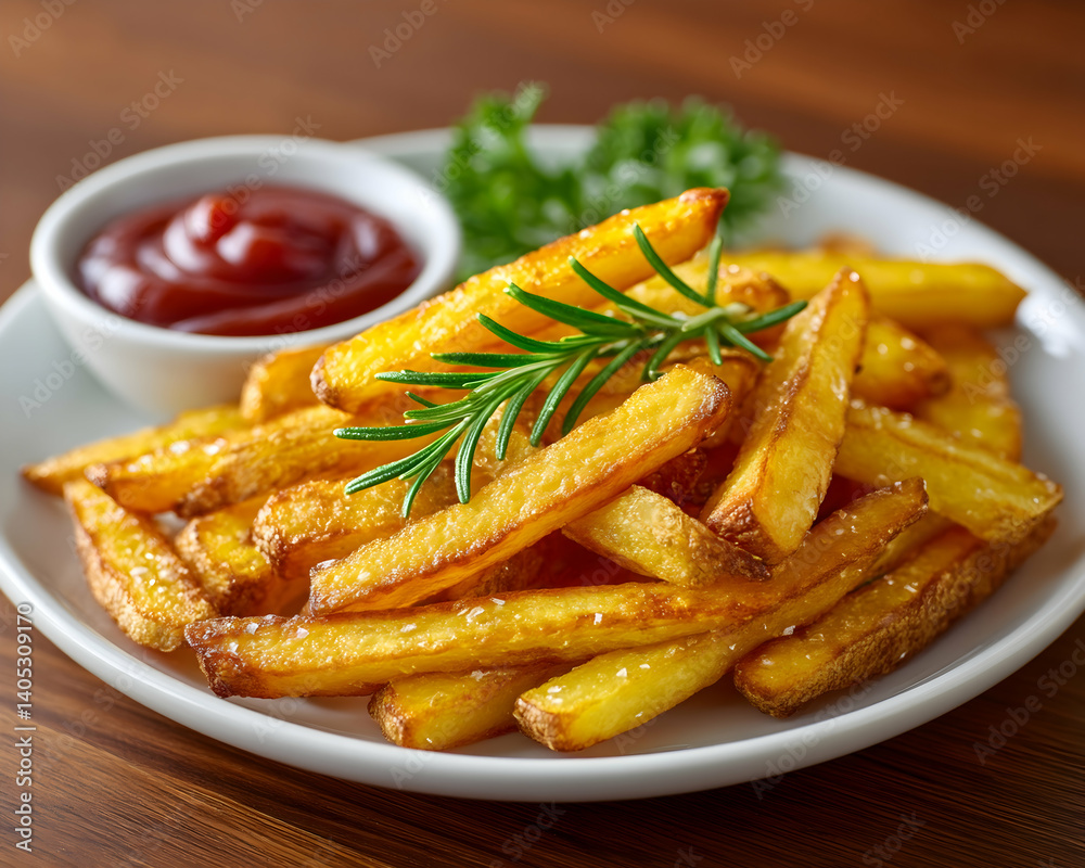 Golden french fries seasoned with rosemary, served with ketchup on a white plate. Generative AI Golden french fries seasoned with rosemary, served with ketchup on a white plate. Generative AI