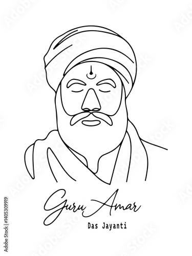 Illustration of Guru Amar Das With Traditional Text on a Jayanti Celebration