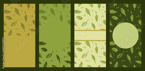 Botanical Cardamom Patterns — Organic Spice Illustration for Packaging. Vertical vector set with seamless cardamom backgrounds, label templates, tea boxes, organic cosmetics,   eco branding.
