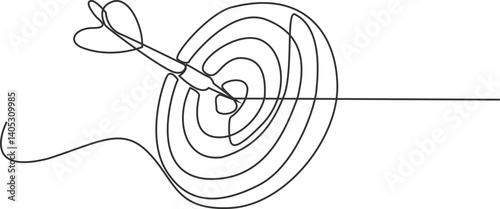 A dart hitting dartboard one line art drawing, Single continuous line drawing of archery target pad was shot with arrows. Archery sport exercise with target board concept. Vector Illustration.
