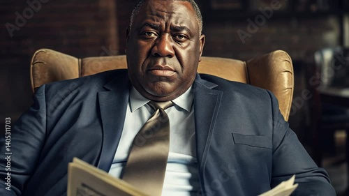 Serious businessman reading newspaper in armchair. Studio portrait with vintage atmosphere. Informative and media concept with copy space for design and print.
