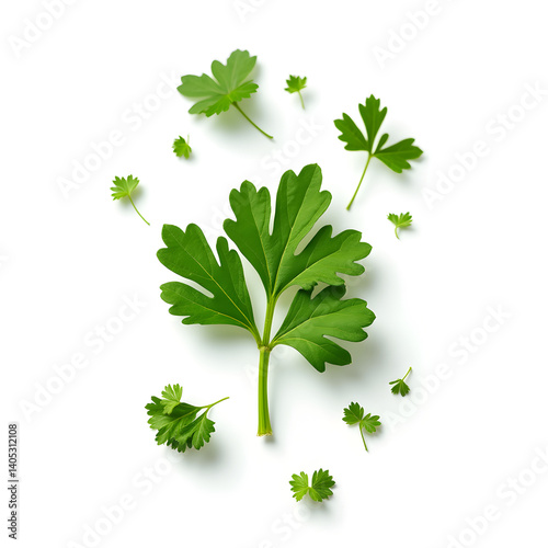 Vibrant chopped dry parsley leaves floating mid-air, isolated on crisp white background, ultra-realistic, clipping path included, perfect for food packaging and culinary design