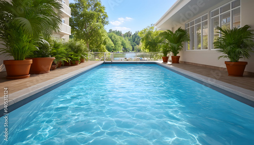 Wallpaper Mural Tranquil poolside scene with lush greenery and lake view. Generative AI Torontodigital.ca