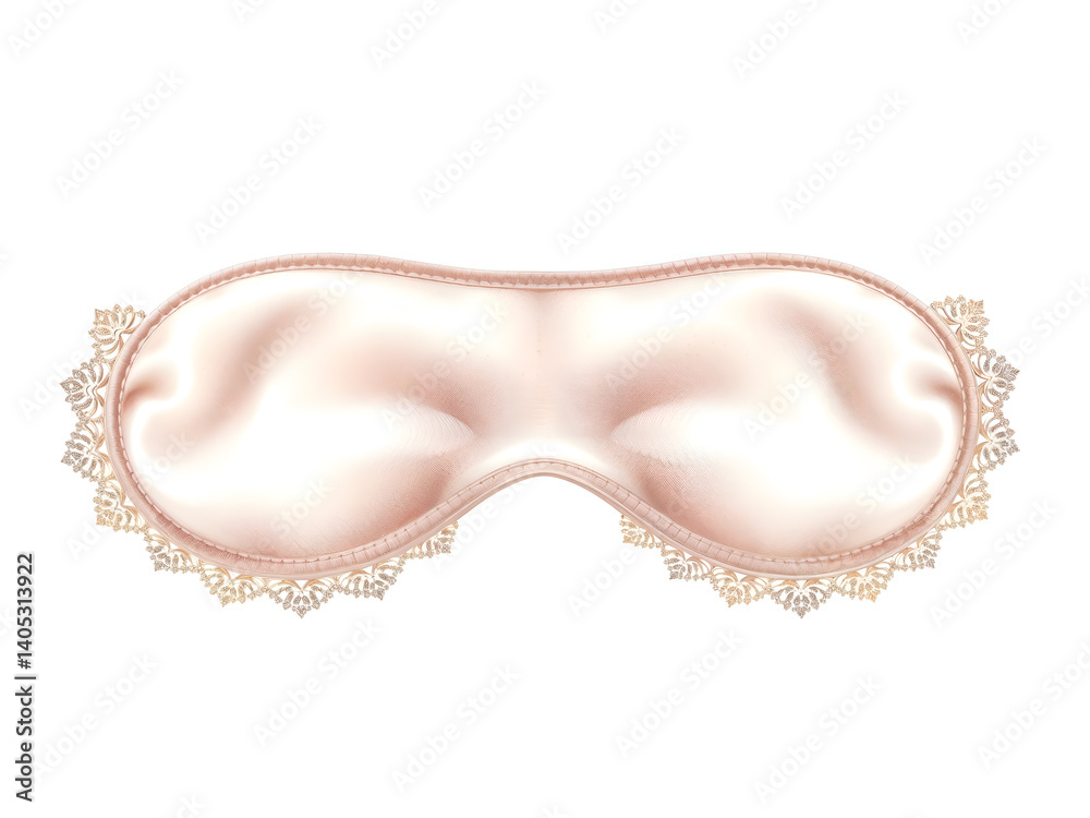 Soft pink satin sleep mask with lace trim isolated on white, beauty and rest accessory. Generative AI