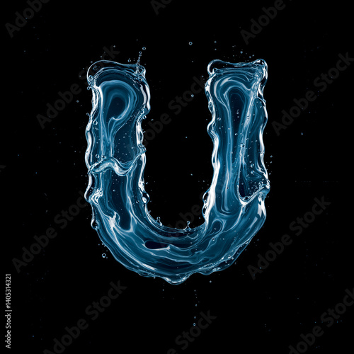Letter U Made of Splashing Water on Black Background – 3D Liquid Typography Concept