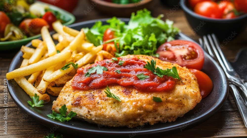 Delectable chicken schnitzel with tomato sauce, fries, and a fresh garden salad