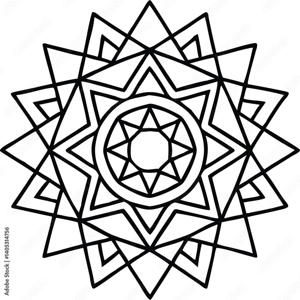 Abstract black and white geometric mandala design, intricate starburst pattern. Abstract black and white geometric mandala design, intricate starburst pattern.
