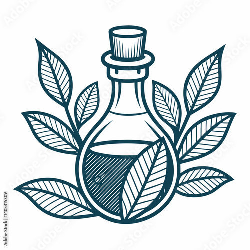 Create a vector graphic of an essential oil bottle label; bold, thick strokes.  Include a bran design element.