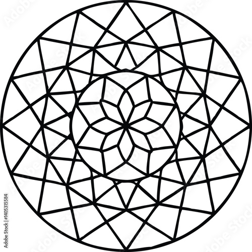 Abstract geometric mandala design, black and white, circular pattern, intricate details.