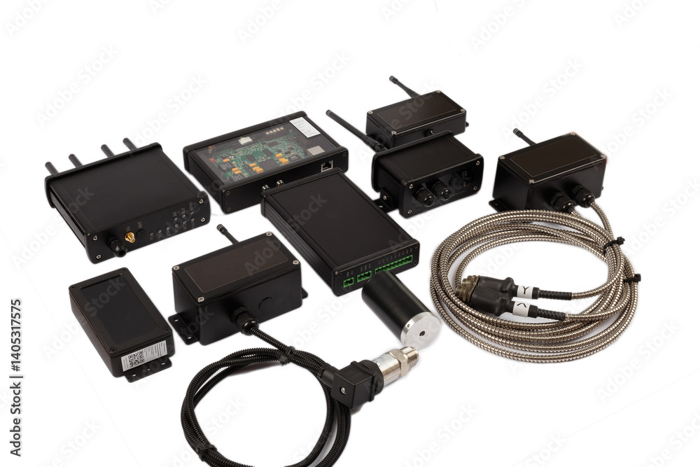 Modern electronic circuits on a white background, a set of various devices