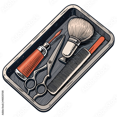 Create a vector illustration with a bold, black stroke of a beard grooming kit.  Include various tools.