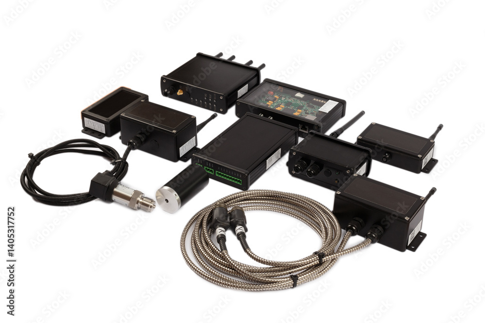 Modern electronic circuits on a white background, a set of various devices