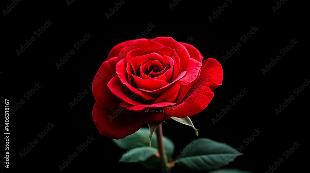 Bright red rose glows, stands out vibrantly against darkness Bright red rose glows, stands out vibrantly against darkness