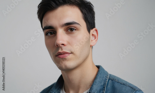 A young man wearing a denim jacket looks directly at the camera