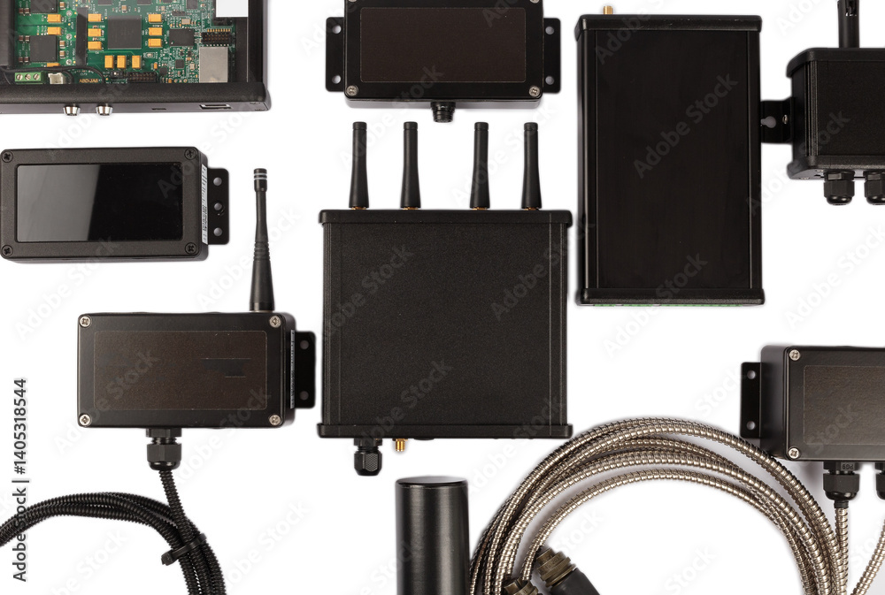 Modern electronic circuits on a white background, a set of various devices