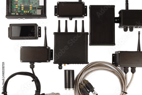 Modern electronic circuits on a white background, a set of various devices