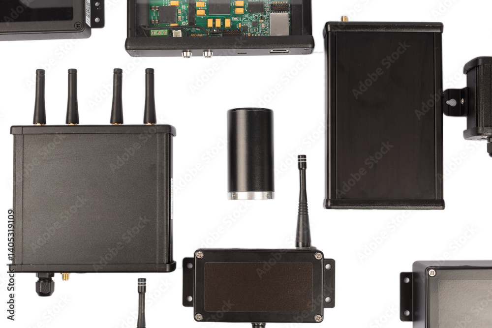 Modern electronic circuits on a white background, a set of various devices