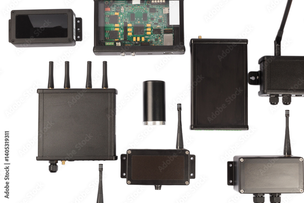 Modern electronic circuits on a white background, a set of various devices