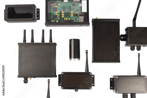 Obraz na płótnie Modern electronic circuits on a white background, a set of various devices w salonie