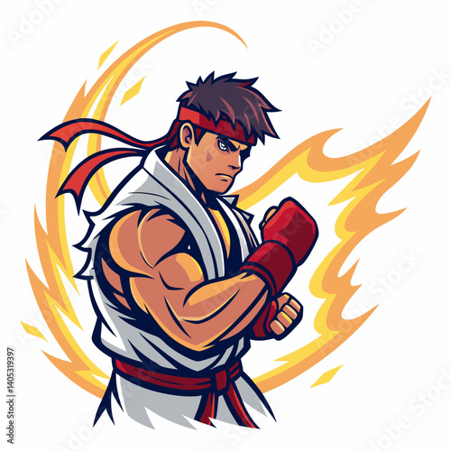 Create a vector graphic of a Street Fighter character with a bold, thick stroke.  Focus on strong lines and clear shapes.