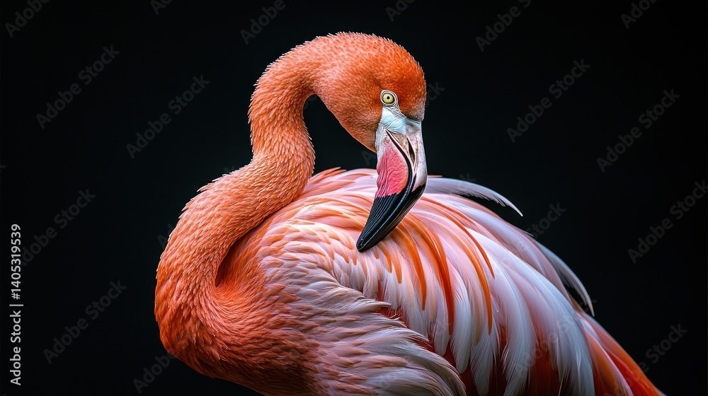 Obraz premium Close-up of a flamingo, preening its plumage. A vibrant, pinkish-orange bird with a long, elegant neck and delicate features. 
